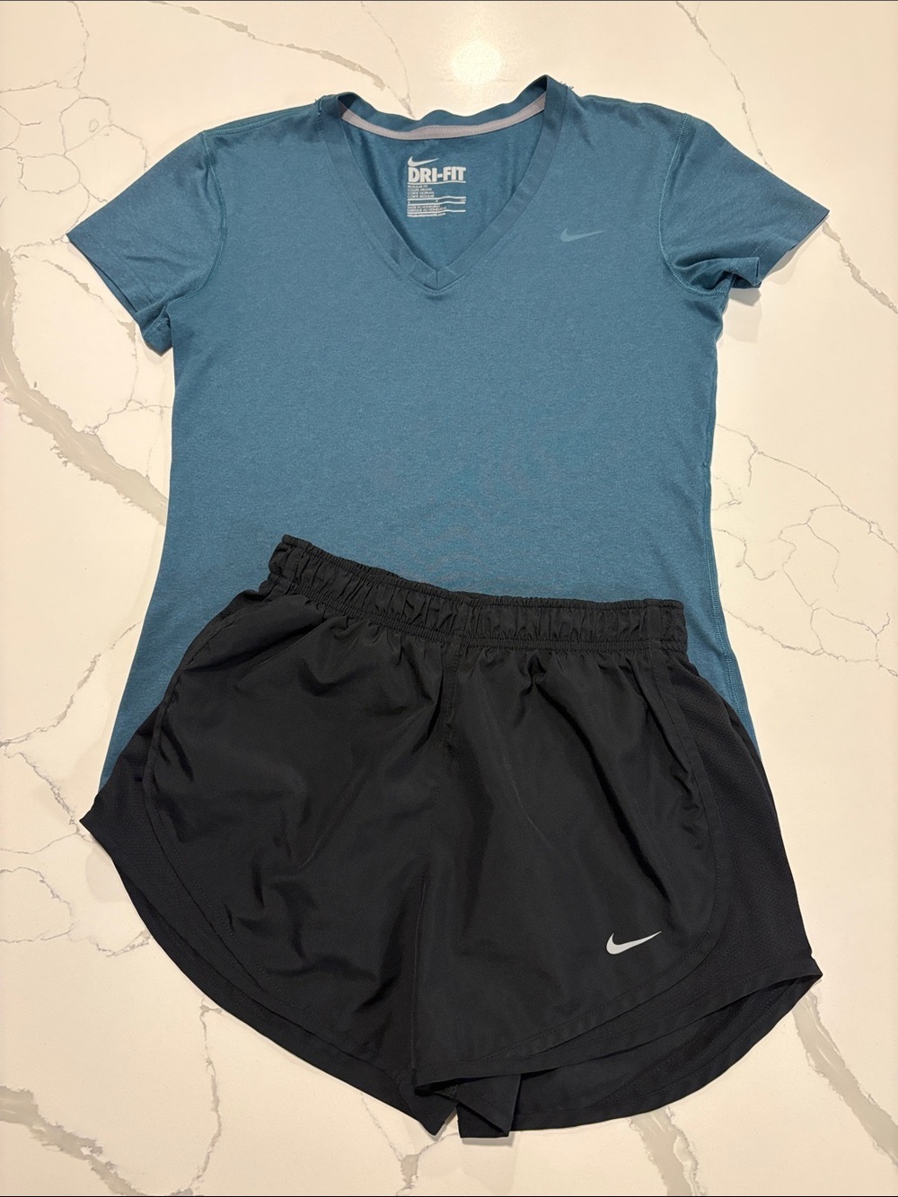 Nike Tempo Running Shorts & Dri-Fit V-Neck Tee ~ Both Small ~ Black / Teal